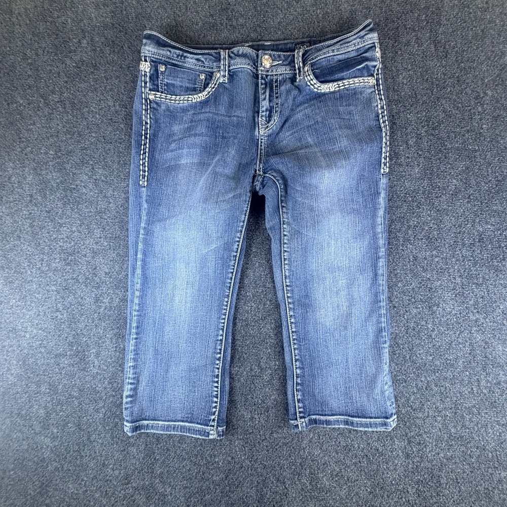 LA Idol USA Capri Jeans Womens 33x20‎ Blue Denim Cotton Embellished Straight Leg